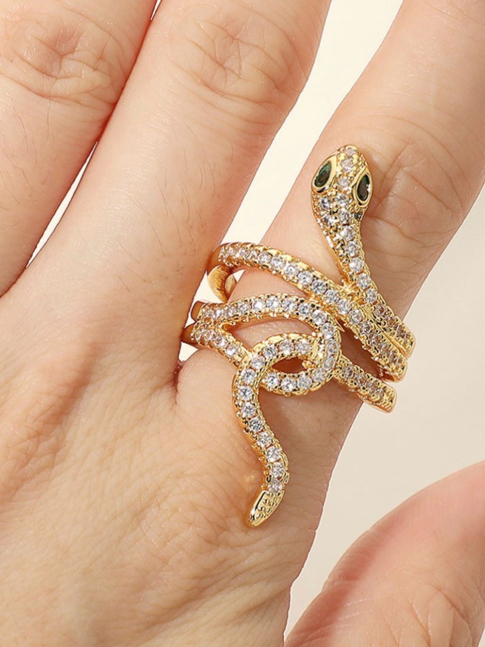 Gold Snake Wrap Ring with Green Eyes - Women Jewelry